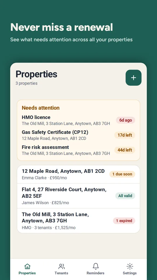 RentBox Properties screen showing certificates that need attention across three properties