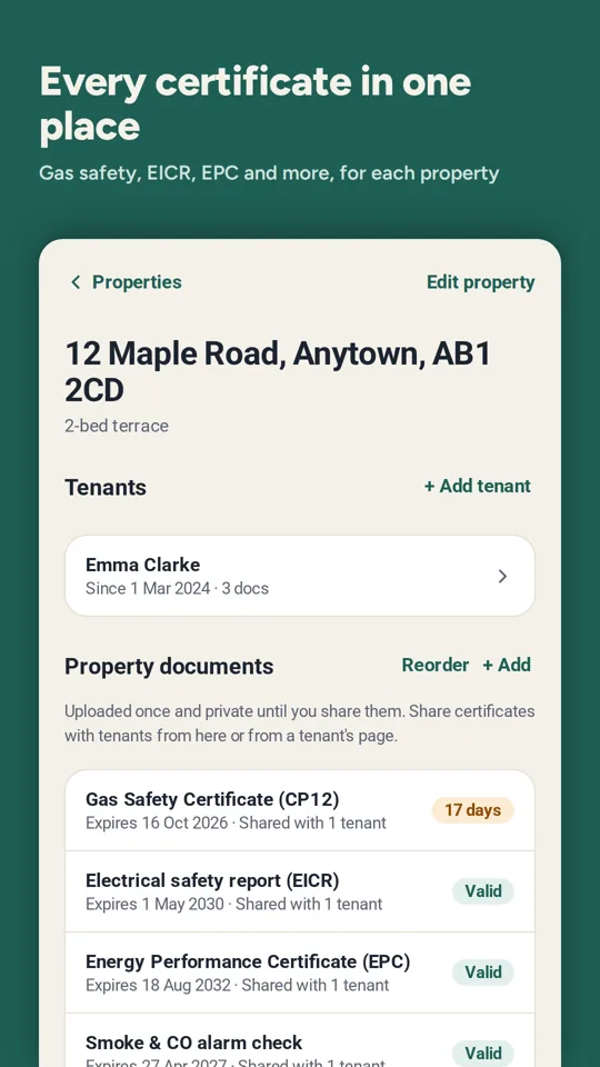 Property page with Gas Safety, EICR, EPC and alarm check certificates and their expiry dates