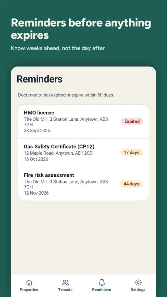 Reminders screen listing documents that expired or expire within 60 days