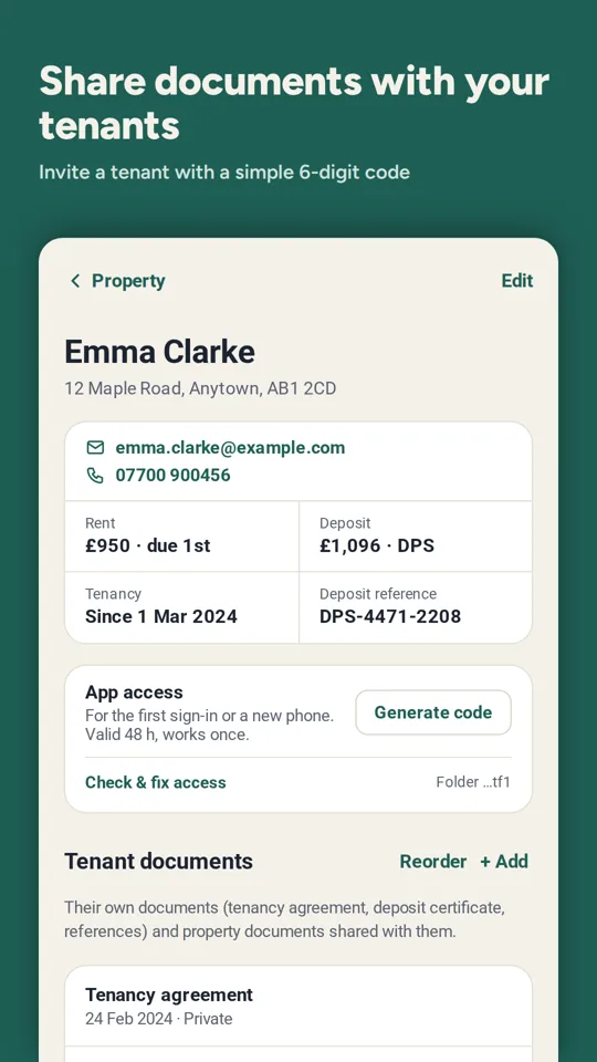 Tenant details with rent, deposit, tenancy start and a button to generate an invite code