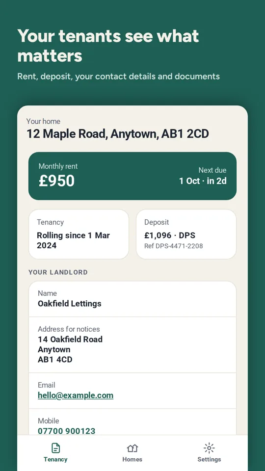 Tenant view showing monthly rent, next due date, deposit and landlord contact details