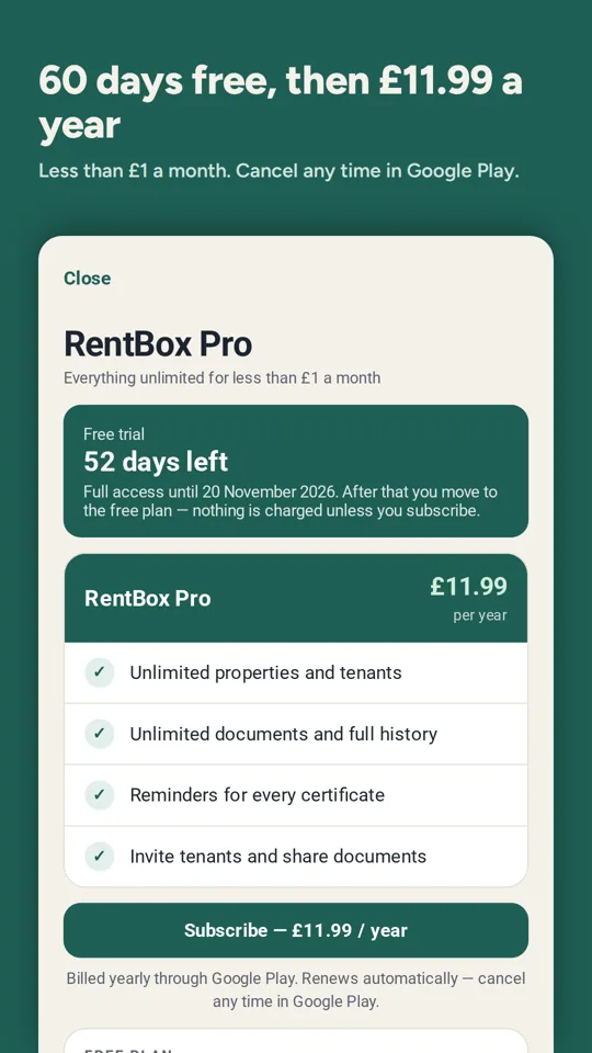 RentBox Pro screen: 60 days free, then £11.99 a year
